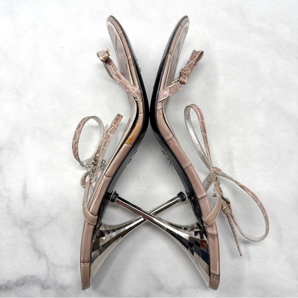 Cesare Paciotti Vintage Y2K Dagger Bow Croc Open Toe Stiletto Sandal Heels 40 - Picture 9 of 16